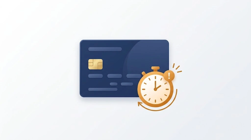 Flat vector illustration of a navy blue credit card on a light gray gradient background, overlaid on the bottom-right by an amber stopwatch with a motion arrow and a small exclamation alert badge, representing immediate interest charges on cash advances.
