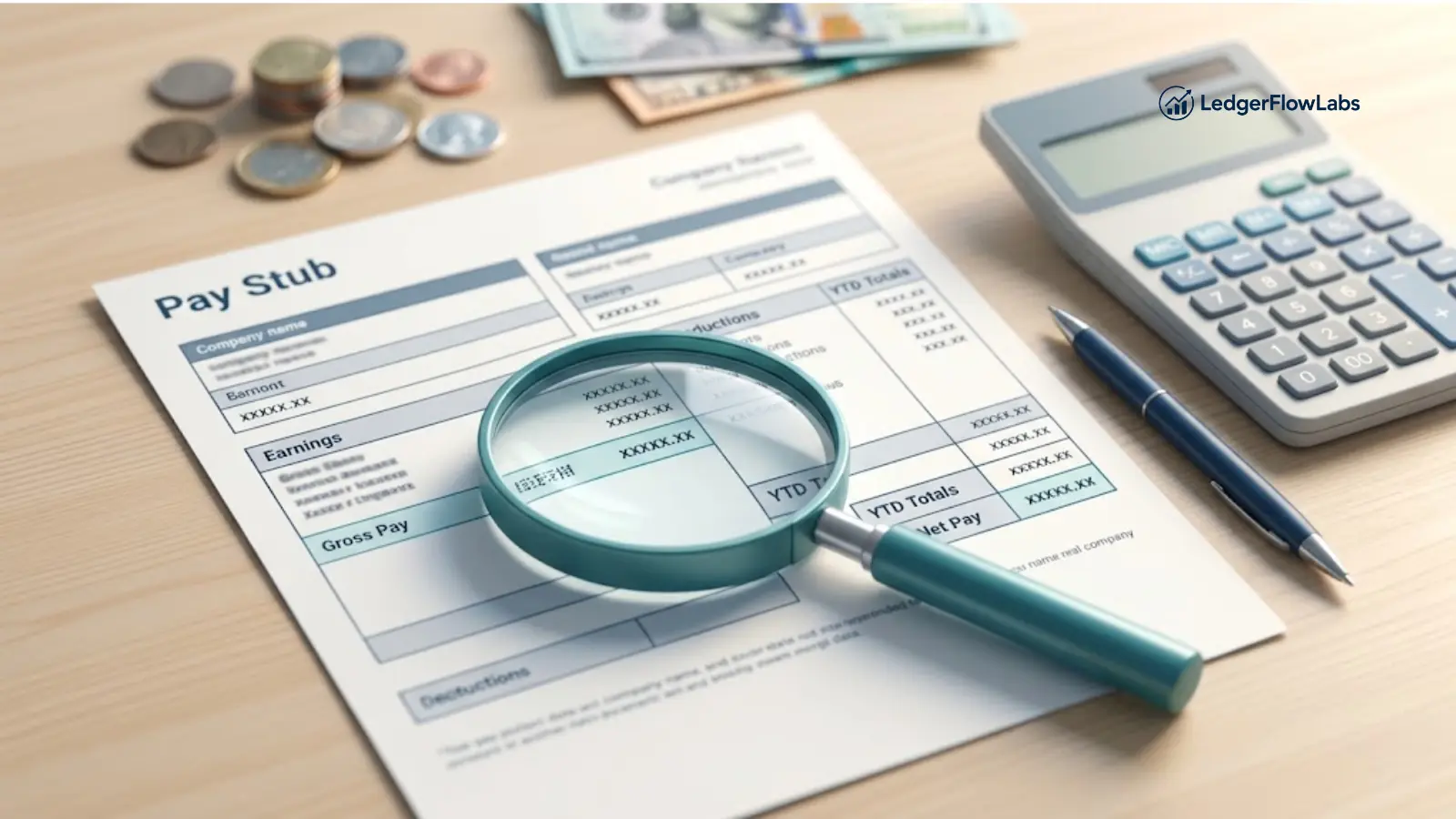 Close-up of a pay stub on a desk with a magnifying glass highlighting a line item, alongside a calculator and pen, representing checking a paycheck for errors