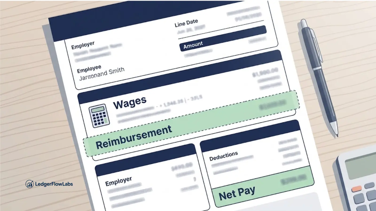 Illustration of a paycheck stub with a highlighted, separately marked reimbursement line next to the wages section, representing how non-taxable expense reimbursements appear apart from taxed income.