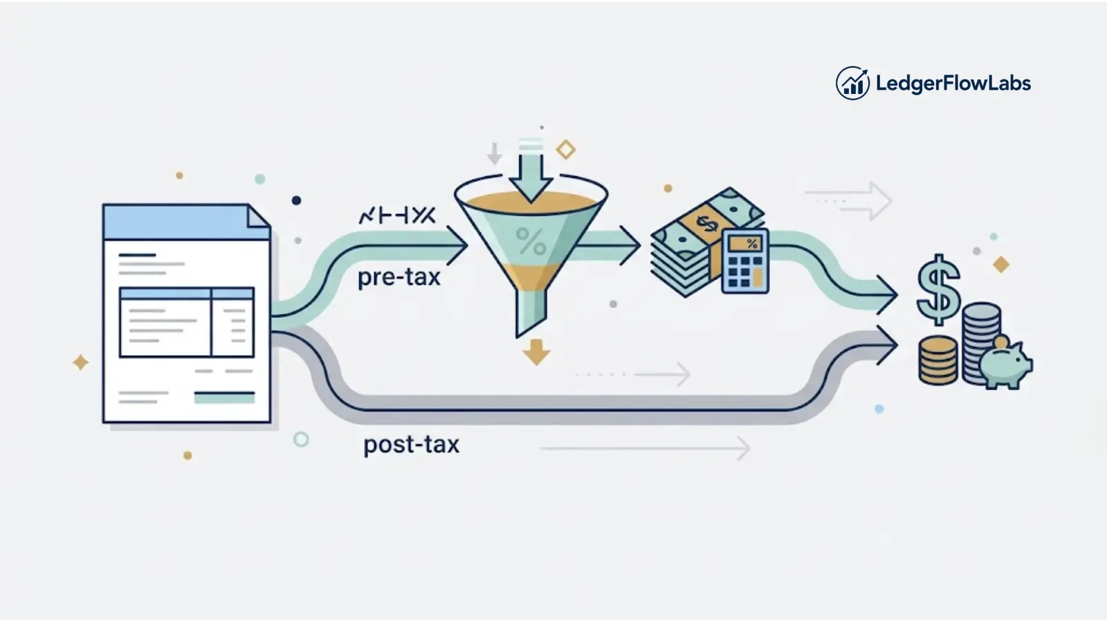 Editorial illustration showing pay stub deductions splitting into two paths — pre-tax deductions passing through a filter before tax calculation, and post-tax deductions bypassing it, illustrating how deduction order affects take-home pay.