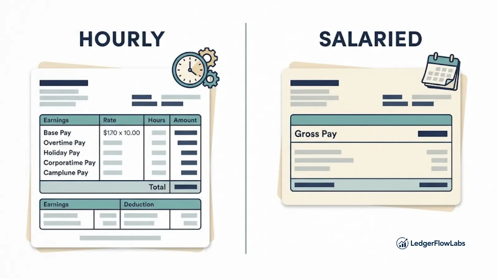 Side by side comparison of an hourly pay stub with multiple earnings lines and a salaried pay stub with one fixed amount
