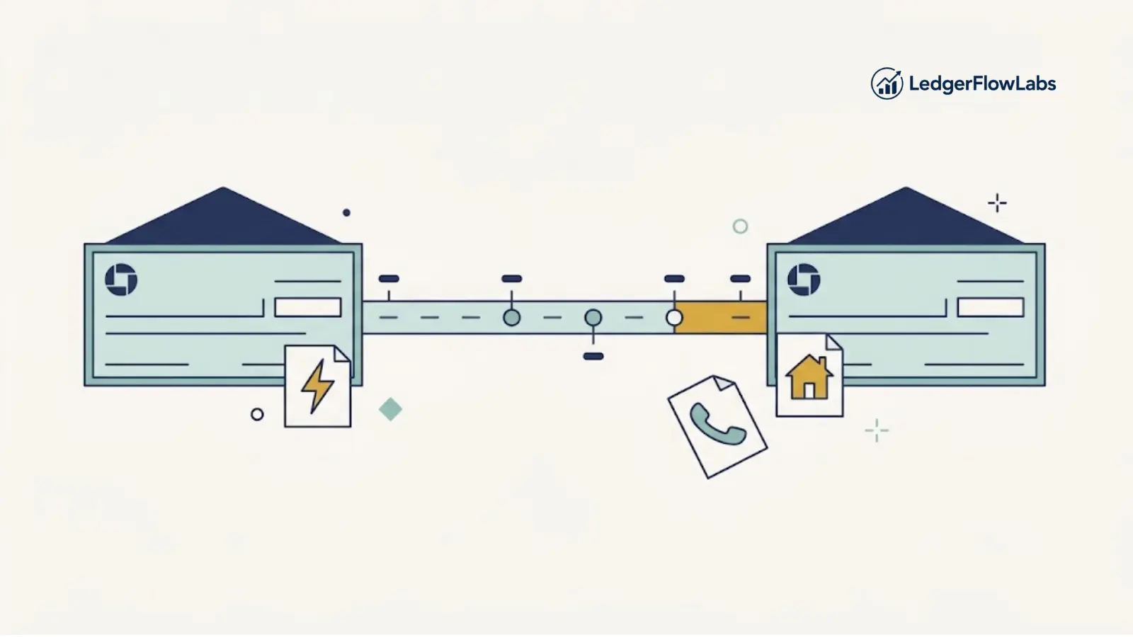 Illustration of two paychecks connected by a timeline, with electricity, phone, and rent bill icons distributed unevenly between them, representing how bills get assigned to biweekly pay periods