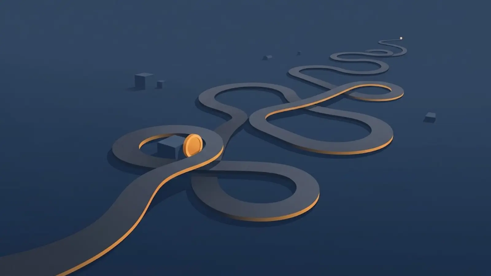 Abstract illustration of a winding path extending into the distance with a coin icon partway along it, representing how minimum credit card payments extend the repayment timeline