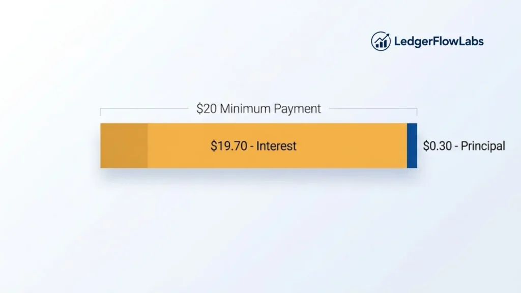 Horizontal bar chart showing a $20 minimum payment split into two 
unequal parts: about $19.70 going to interest and only $0.30 going 
toward paying down the principal balance