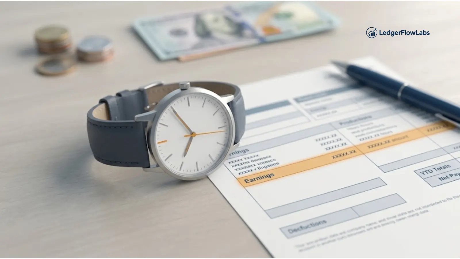 Pay stub with a highlighted overtime line next to a clock and calculator, illustrating how overtime hours and rates appear on a paycheck
