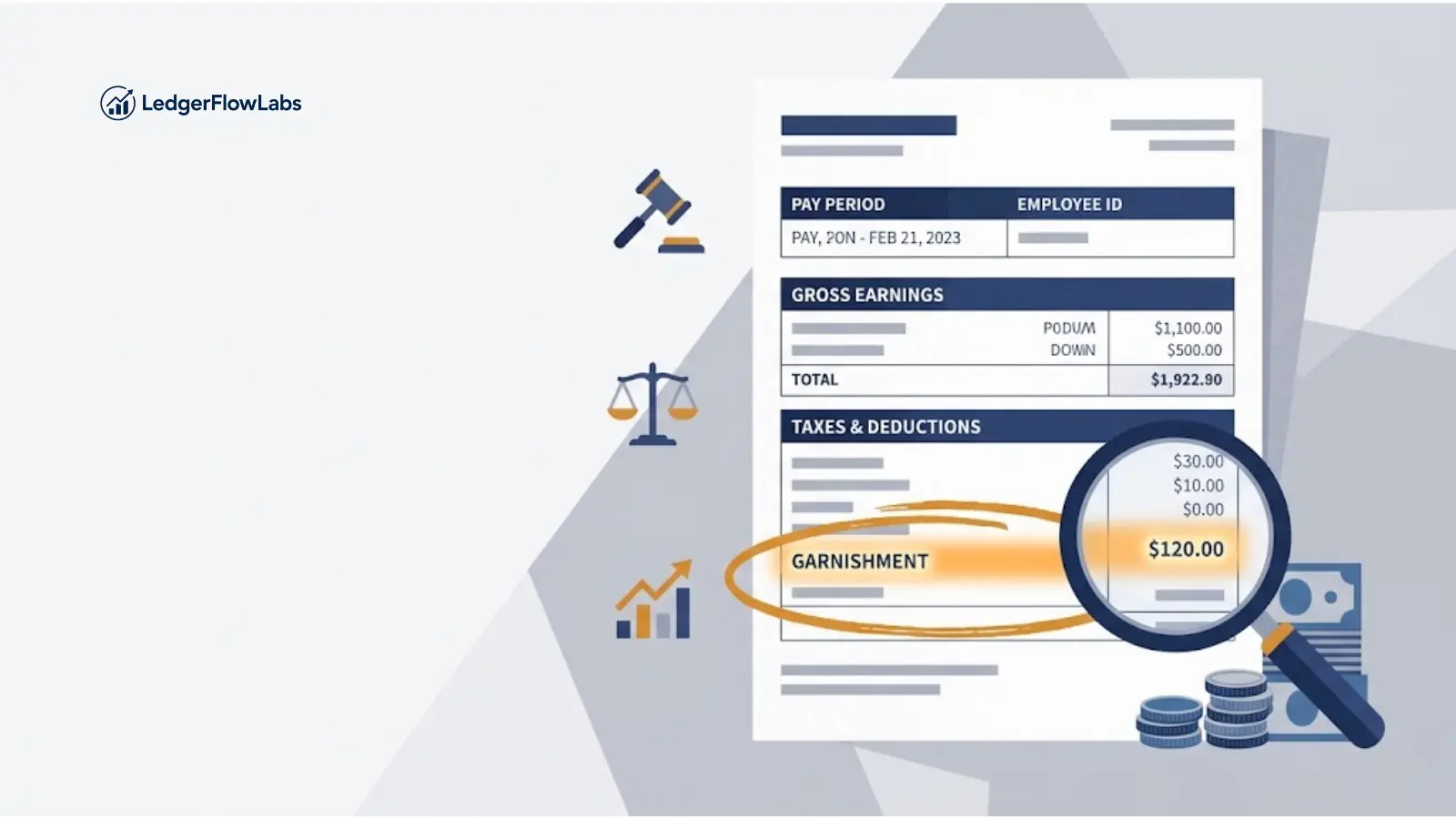 Illustration of a pay stub with a highlighted wage garnishment deduction line