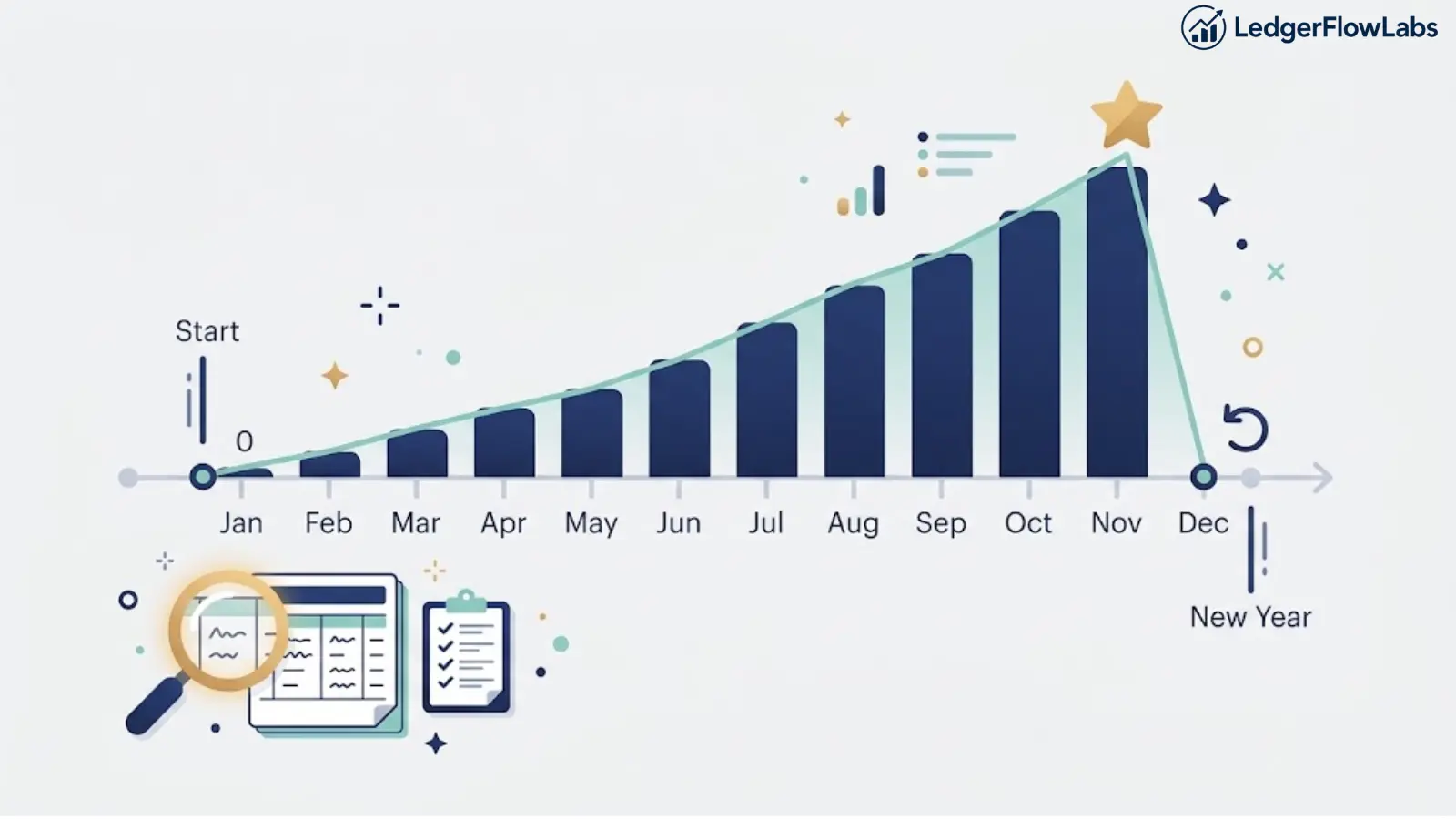Illustration of a pay stub calendar showing a running total resetting each January, representing how year-to-date figures accumulate through the year and act as a draft of Form W-2.