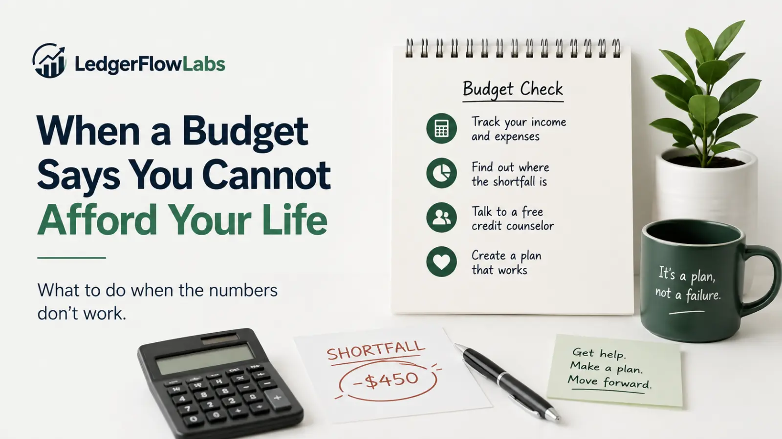 LedgerFlowLabs finance illustration showing a budget shortfall and practical steps to identify the problem, seek free credit counseling, and create a workable plan.