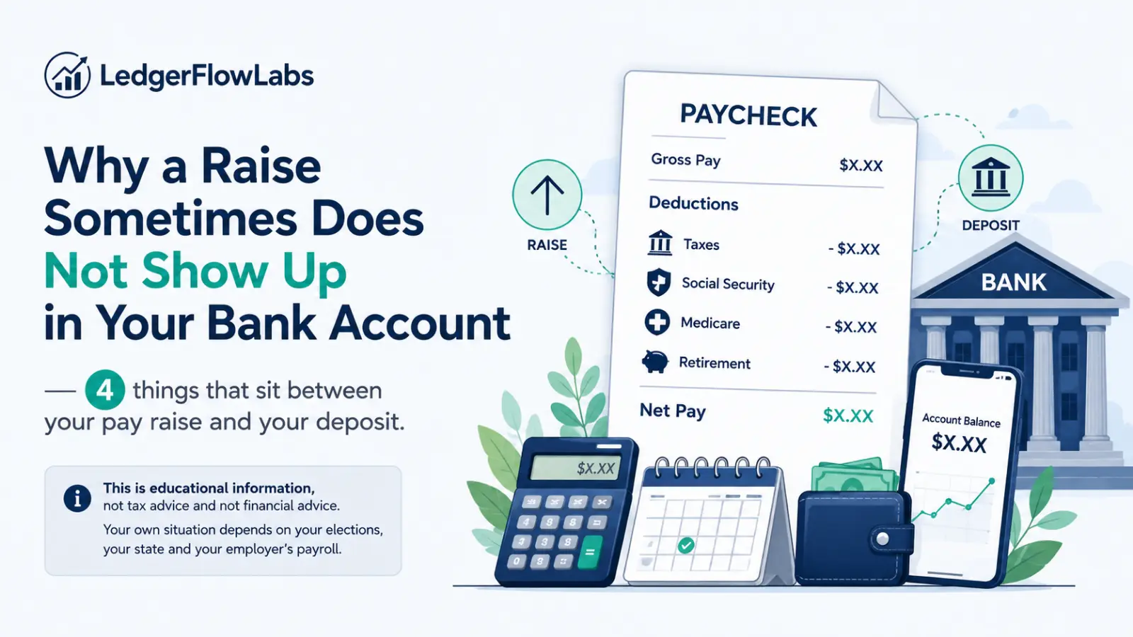 Illustration showing how a pay raise in gross pay can result in a smaller increase in net pay after taxes, Social Security, Medicare, and retirement deductions.
