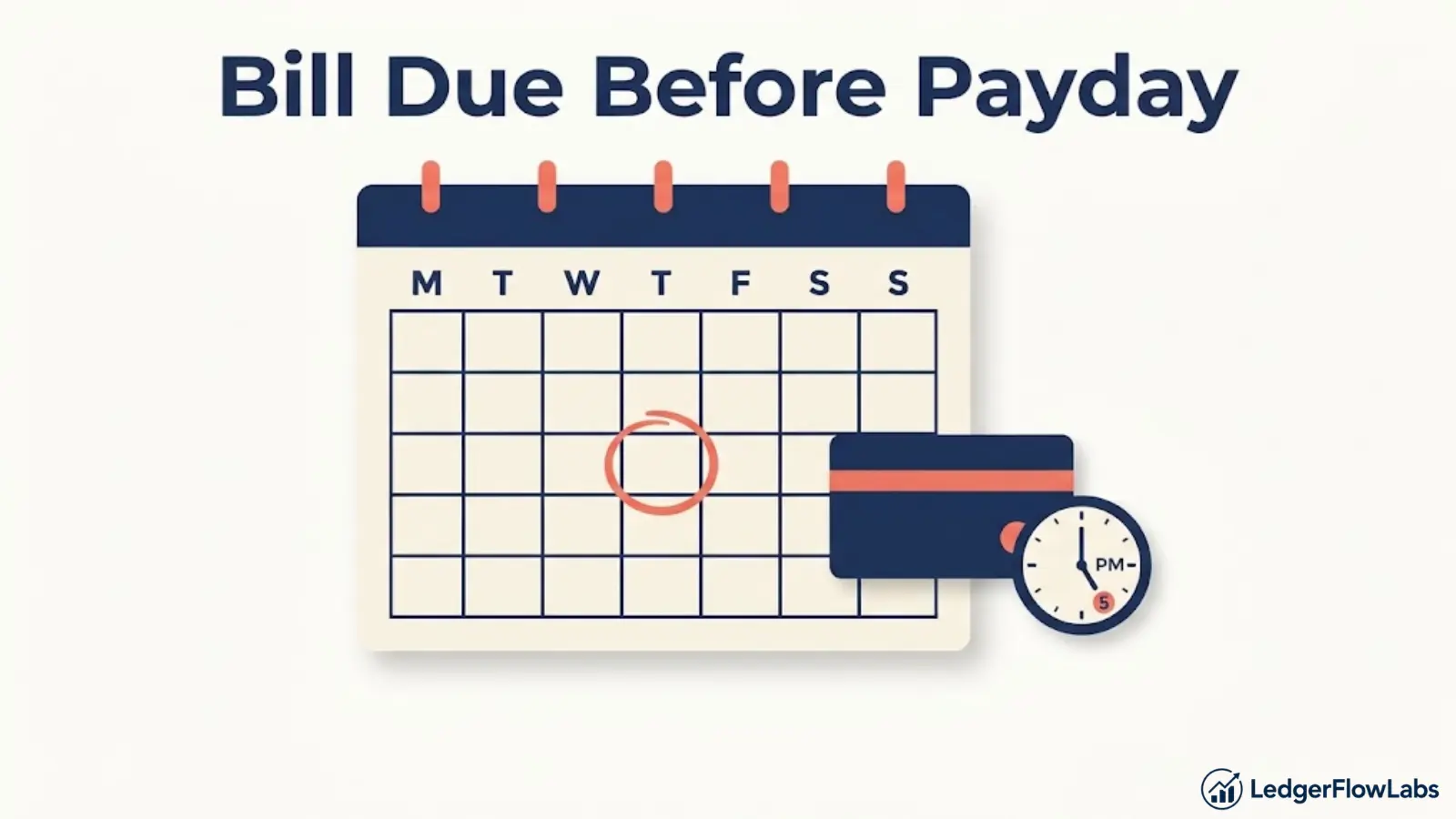 Illustration showing a calendar, credit card, and clock at 5 PM representing credit card payment due date and cutoff rules