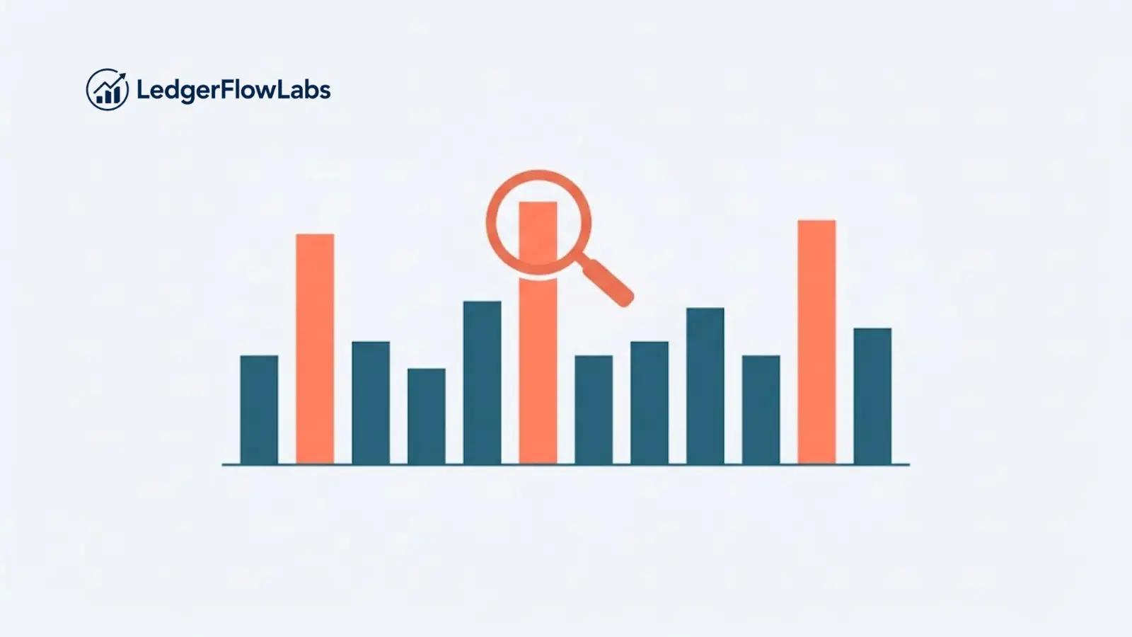 Bar chart illustration showing three highlighted spike months among twelve months, with a magnifying glass symbolizing analysis of seasonal budget expenses