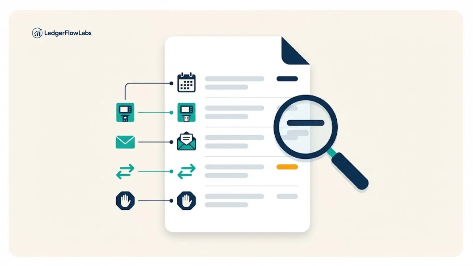 Illustration of a bank statement with fee line items, each linked by icons to its trigger such as an ATM, mailed statement, wire transfer and stop-payment request