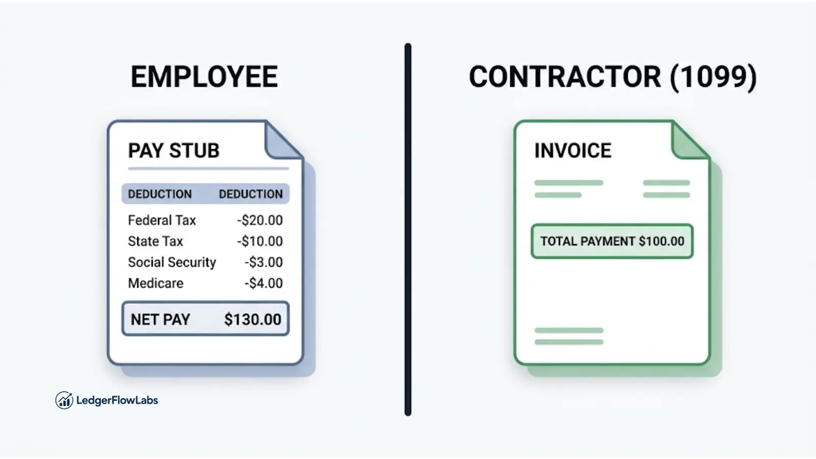 Split illustration comparing an employee pay stub with tax deductions on the left to a contractor invoice with no tax withheld on the right, illustrating the contractor vs employee paycheck difference