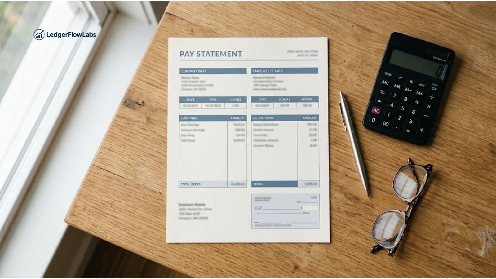 A pay stub and calculator on a desk, representing a review of a final paycheck before leaving a job