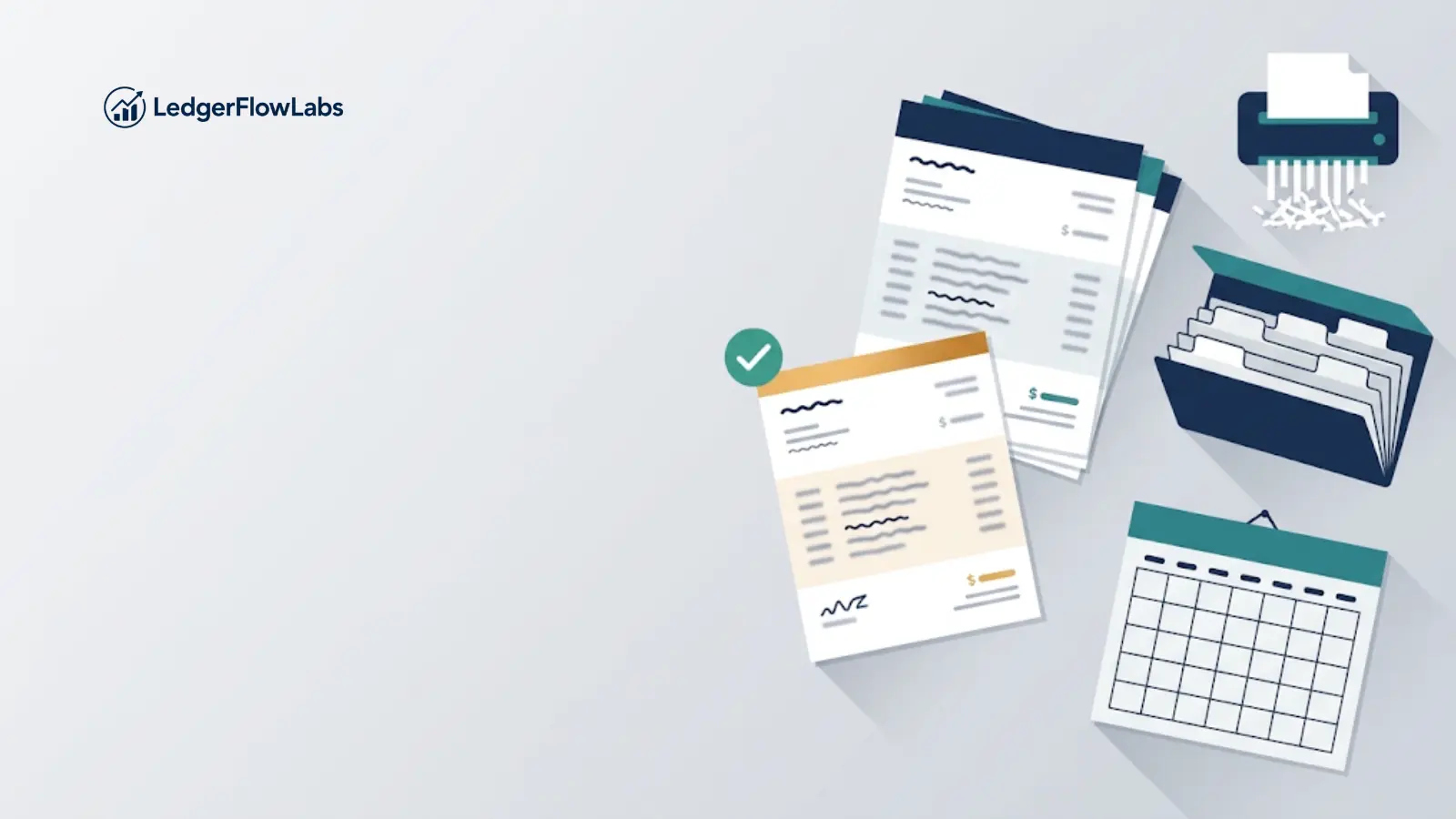 Stack of bank statements with a document organizer, calendar and shredder showing how long to keep them