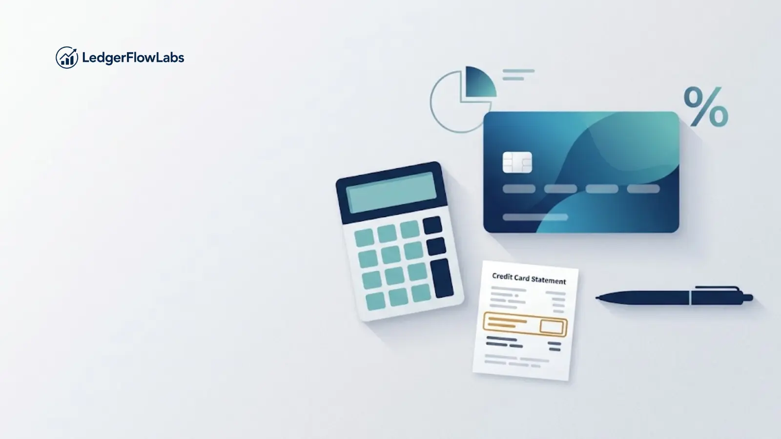 Credit card, calculator and billing statement with a highlighted minimum payment box