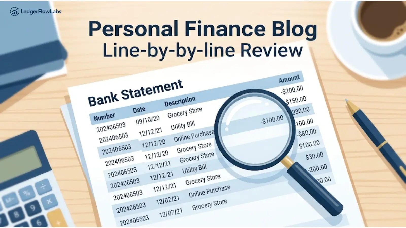 Illustration of a bank statement with a magnifying glass reviewing transaction lines, representing how to check a bank statement line by line