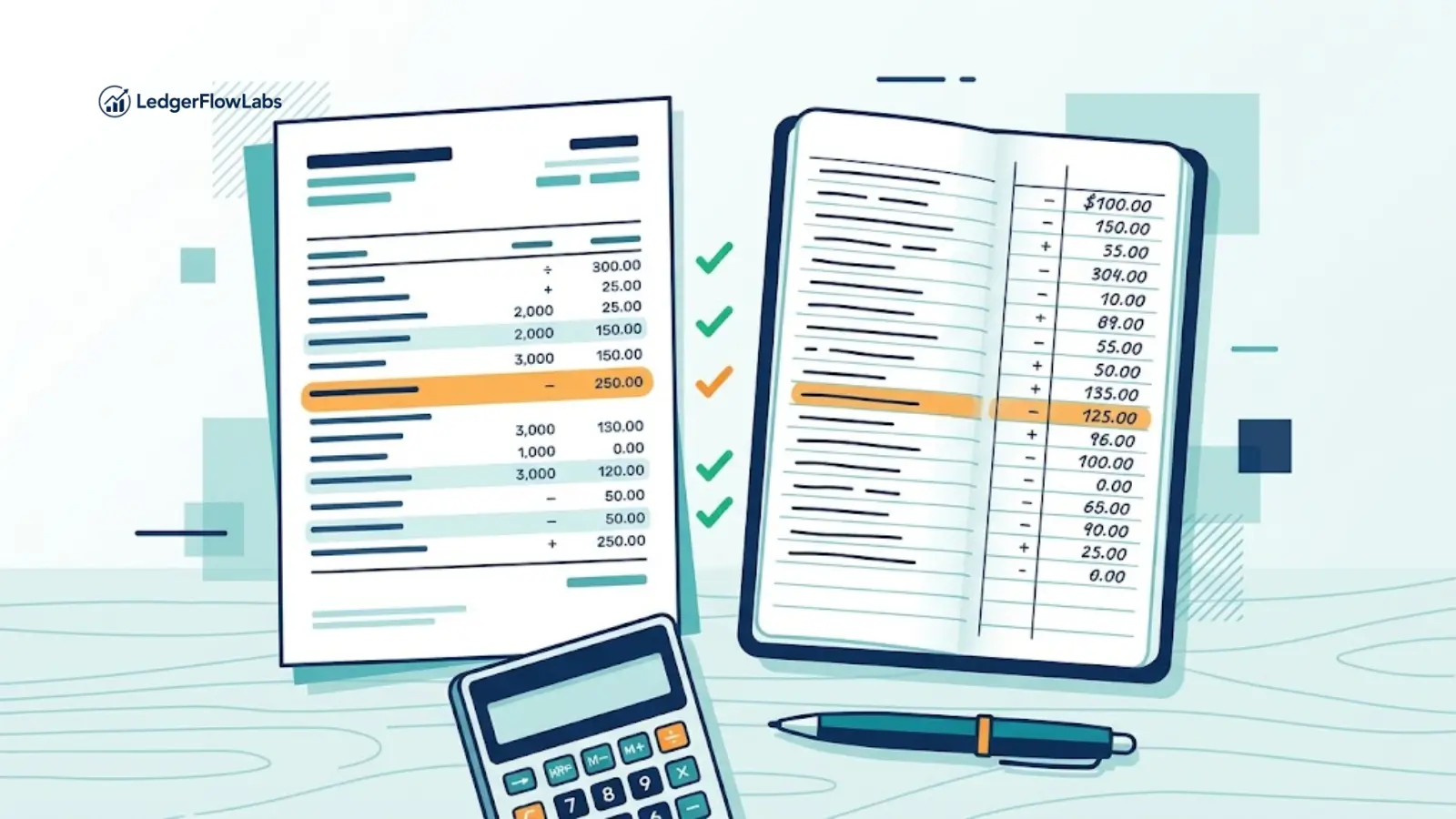 Illustration of a bank statement and a notebook ledger side by side with green checkmarks on matching lines and one mismatch highlighted in orange