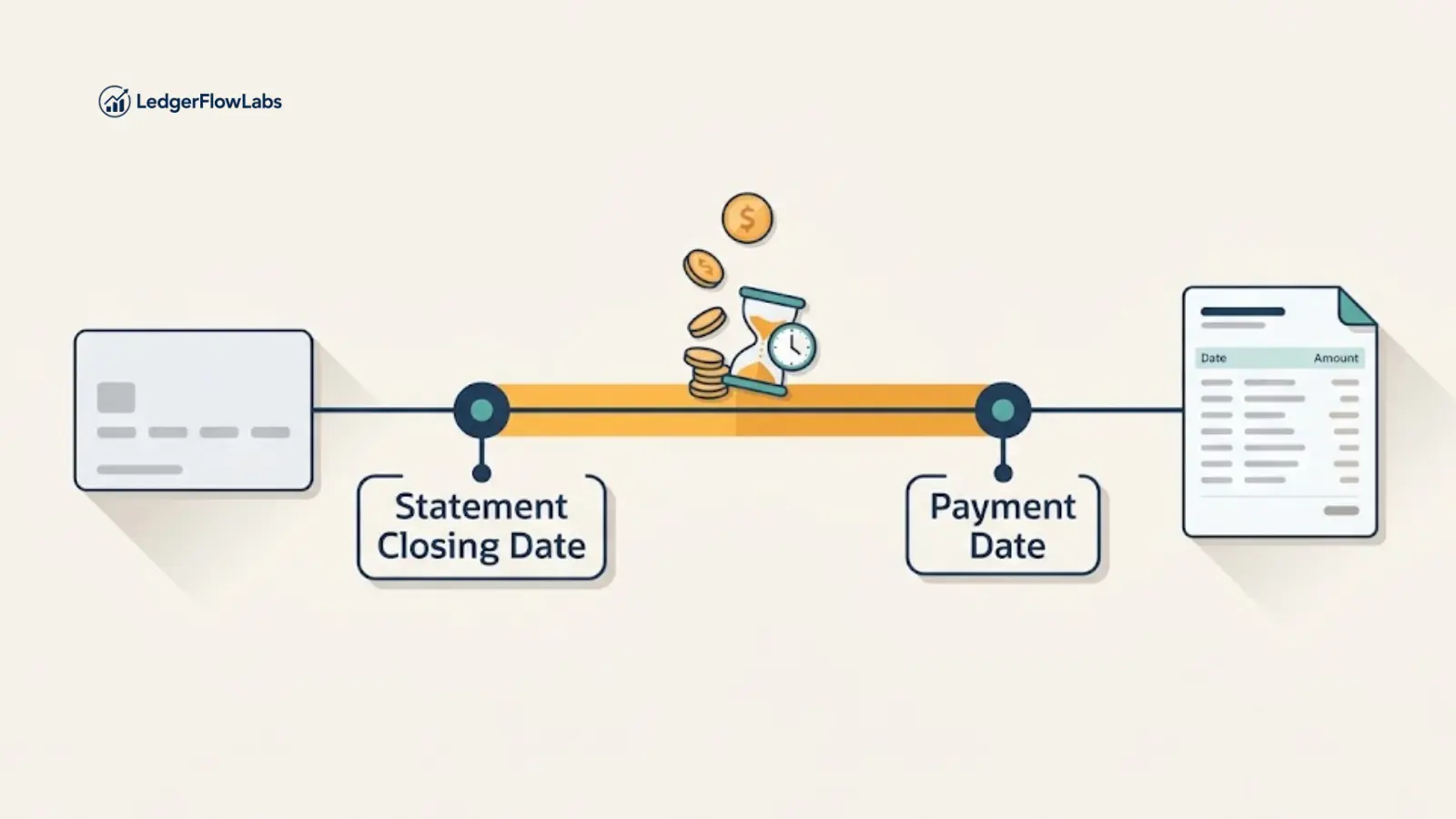 Timeline between statement closing date and payment date with a highlighted gap showing interest building up on a credit card
